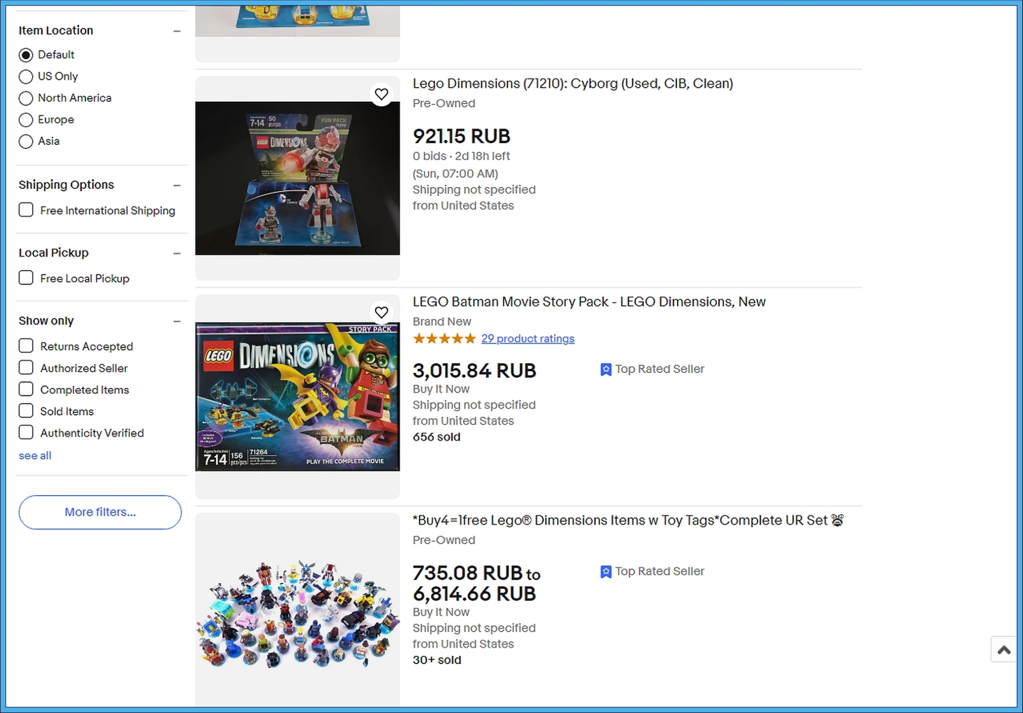 Скриншот сайта Ebay с результатами поиска по запросу LEGO Dimensions